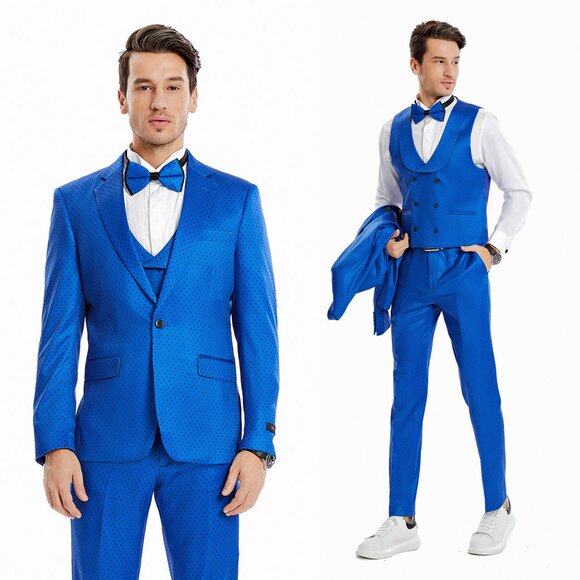 Blue w/ Black Polka Dots Mens Skinny Fit Suit by Tazio